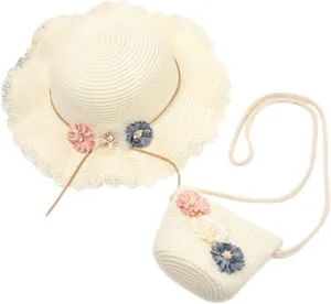 2-8 Years Kids Girls 50  UPF Sun Protection Wide Brim Hat Summer Flower Sunshade Hat Straw Beach Sun Hat   Straw Bag
