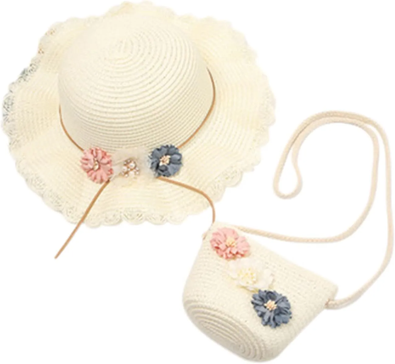 2-8 Years Kids Girls 50  UPF Sun Protection Wide Brim Hat Summer Flower Sunshade Hat Straw Beach Sun Hat   Straw Bag