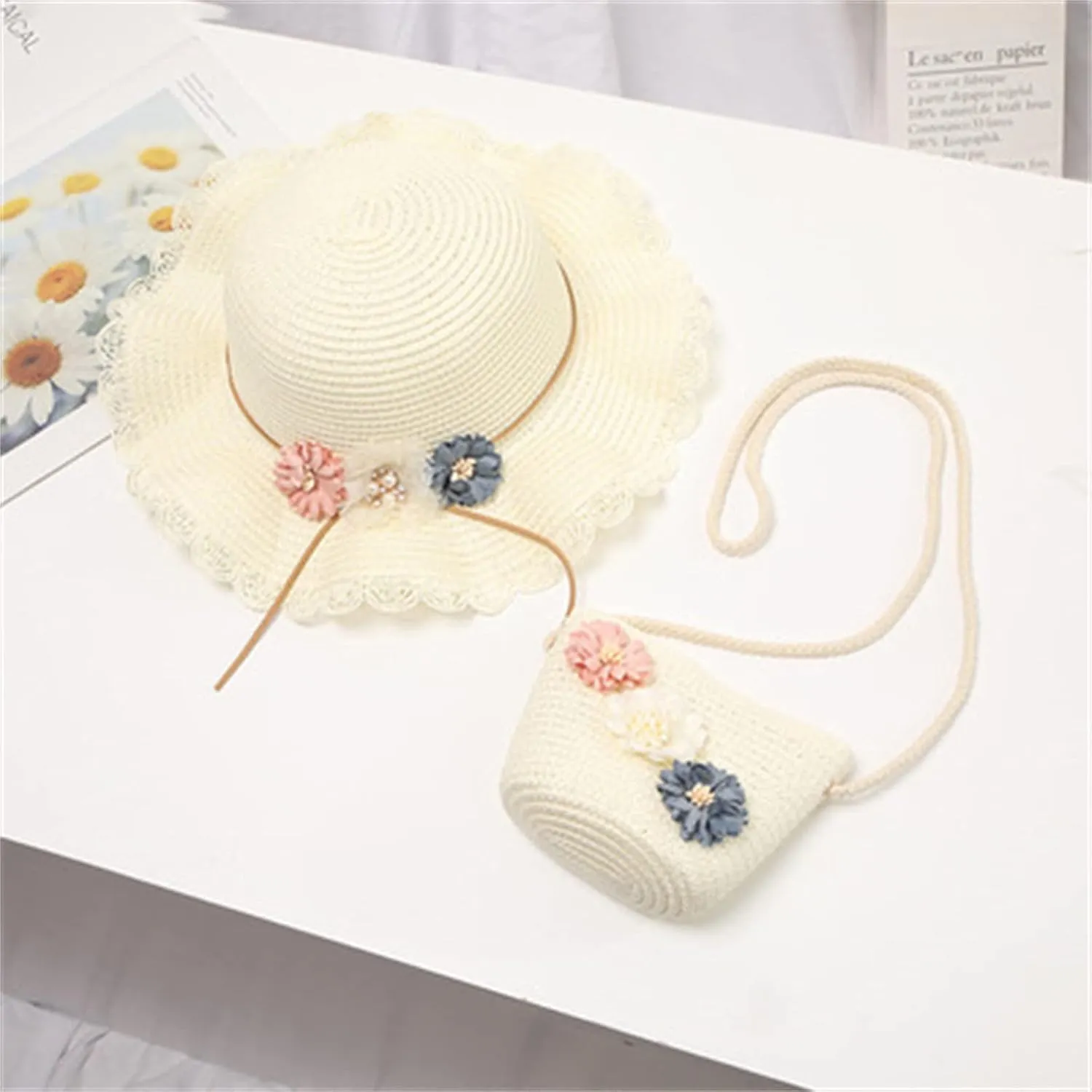 2-8 Years Kids Girls 50  UPF Sun Protection Wide Brim Hat Summer Flower Sunshade Hat Straw Beach Sun Hat   Straw Bag