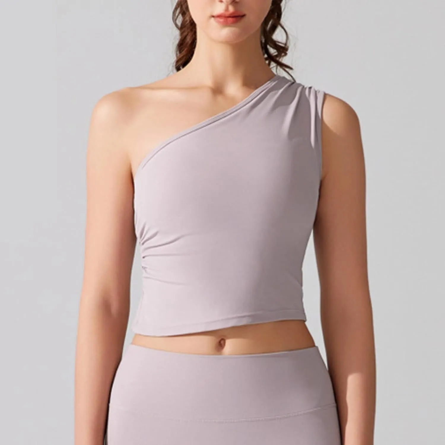 2025 One-Shoulder Crop Top Built in Shelf Bras Padded Womens Sleeveless Ruched Side Yoga Tank Tops Casual Activewear