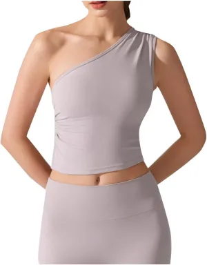 2025 One-Shoulder Crop Top Built in Shelf Bras Padded Womens Sleeveless Ruched Side Yoga Tank Tops Casual Activewear