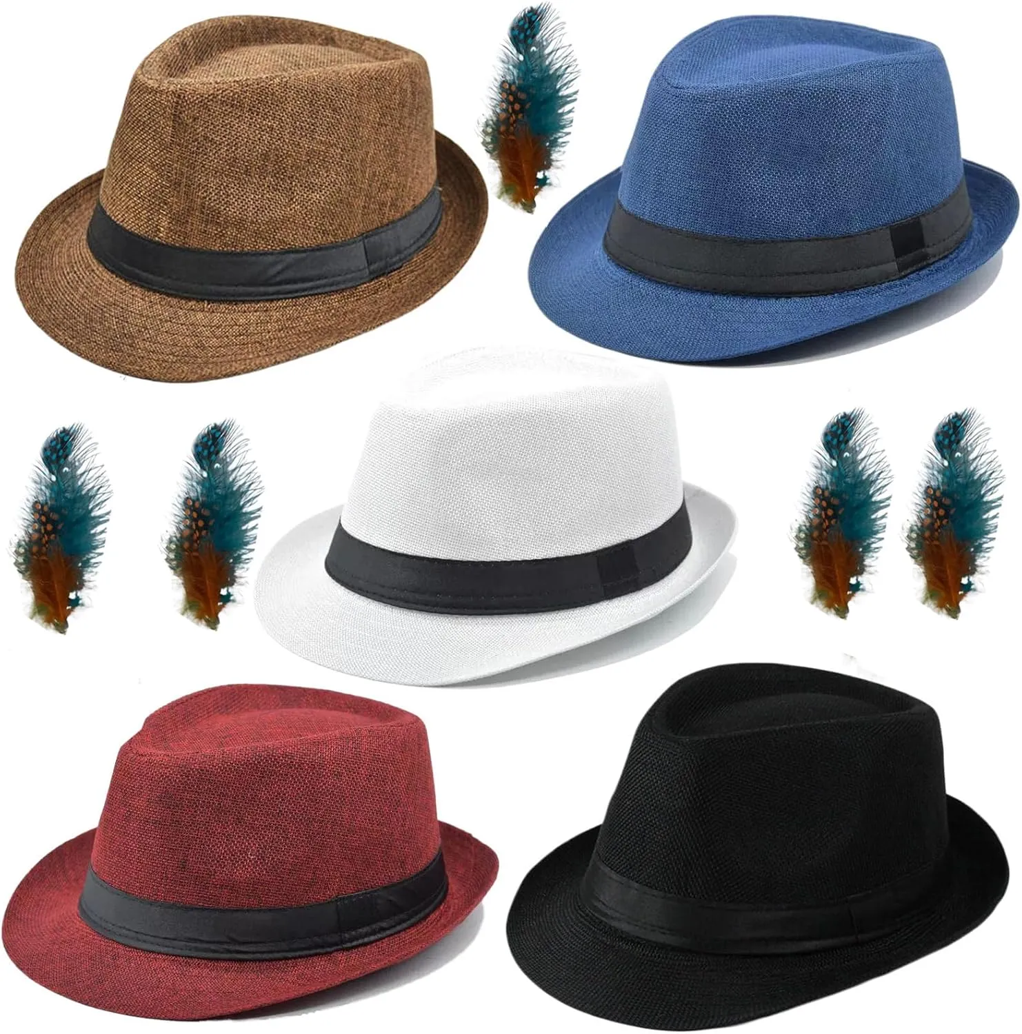 5 Pack Bulk Cuban Fedora Sun Hats Men with Adjustable Strap, Short Brim 1920s Unisex Party Costume Hats Women.