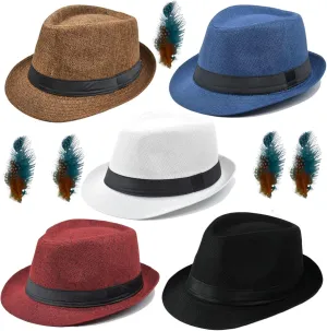 5 Pack Bulk Cuban Fedora Sun Hats Men with Adjustable Strap, Short Brim 1920s Unisex Party Costume Hats Women.