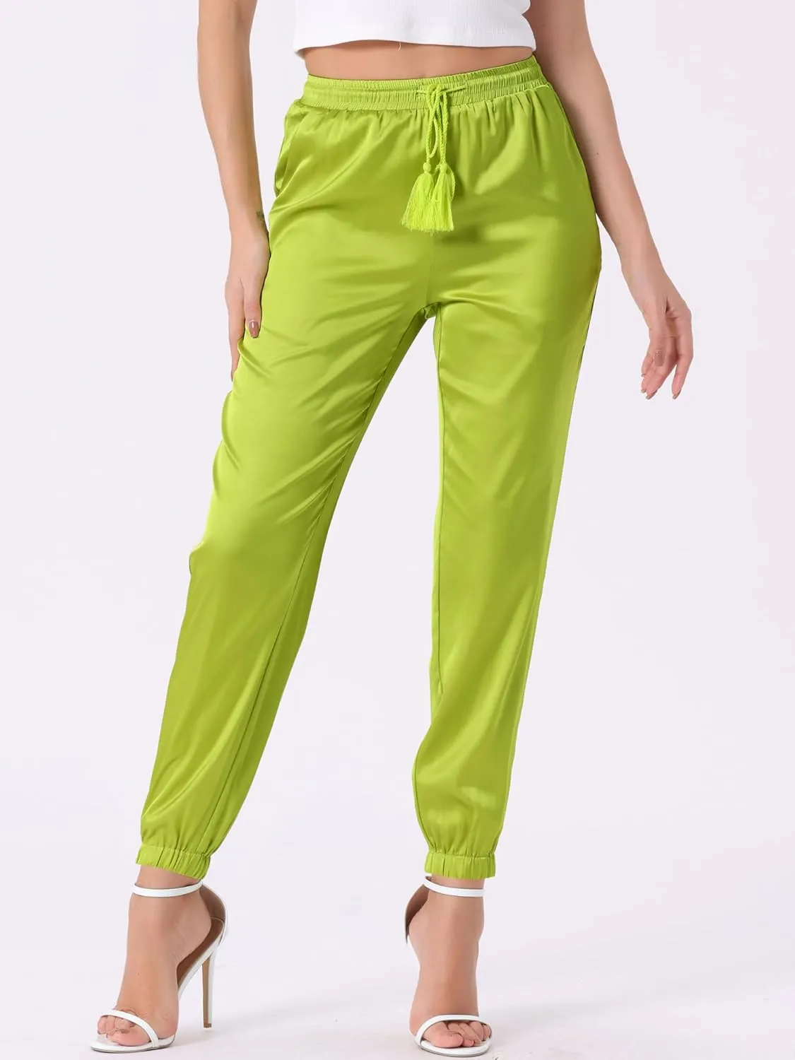 Allegra K Women's Drawstring Elastic Waist Athleisure Pants Casual Ankle Length Satin Joggers with Pocket