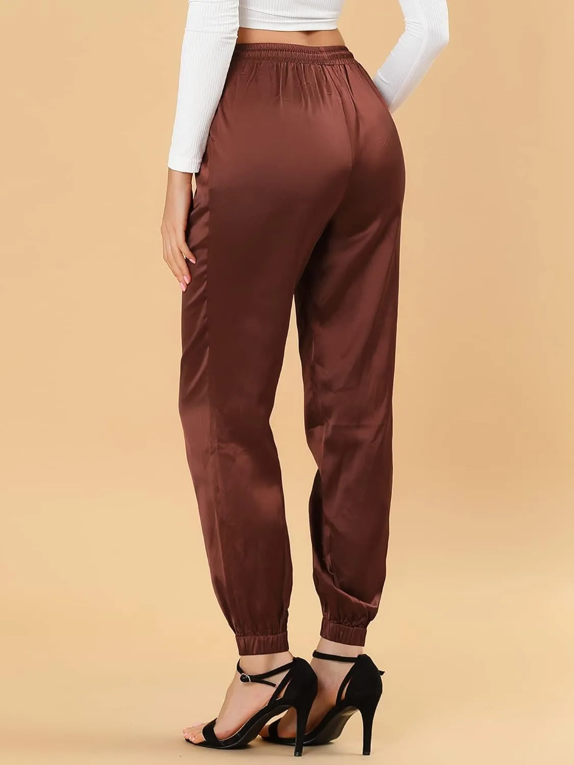 Allegra K Women's Drawstring Elastic Waist Athleisure Pants Casual Ankle Length Satin Joggers with Pocket