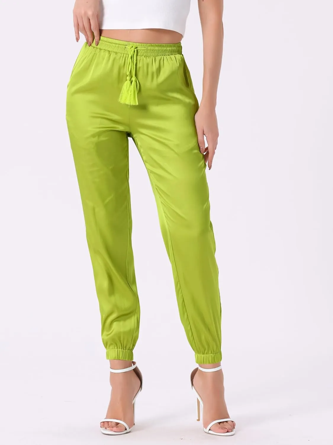 Allegra K Women's Drawstring Elastic Waist Athleisure Pants Casual Ankle Length Satin Joggers with Pocket