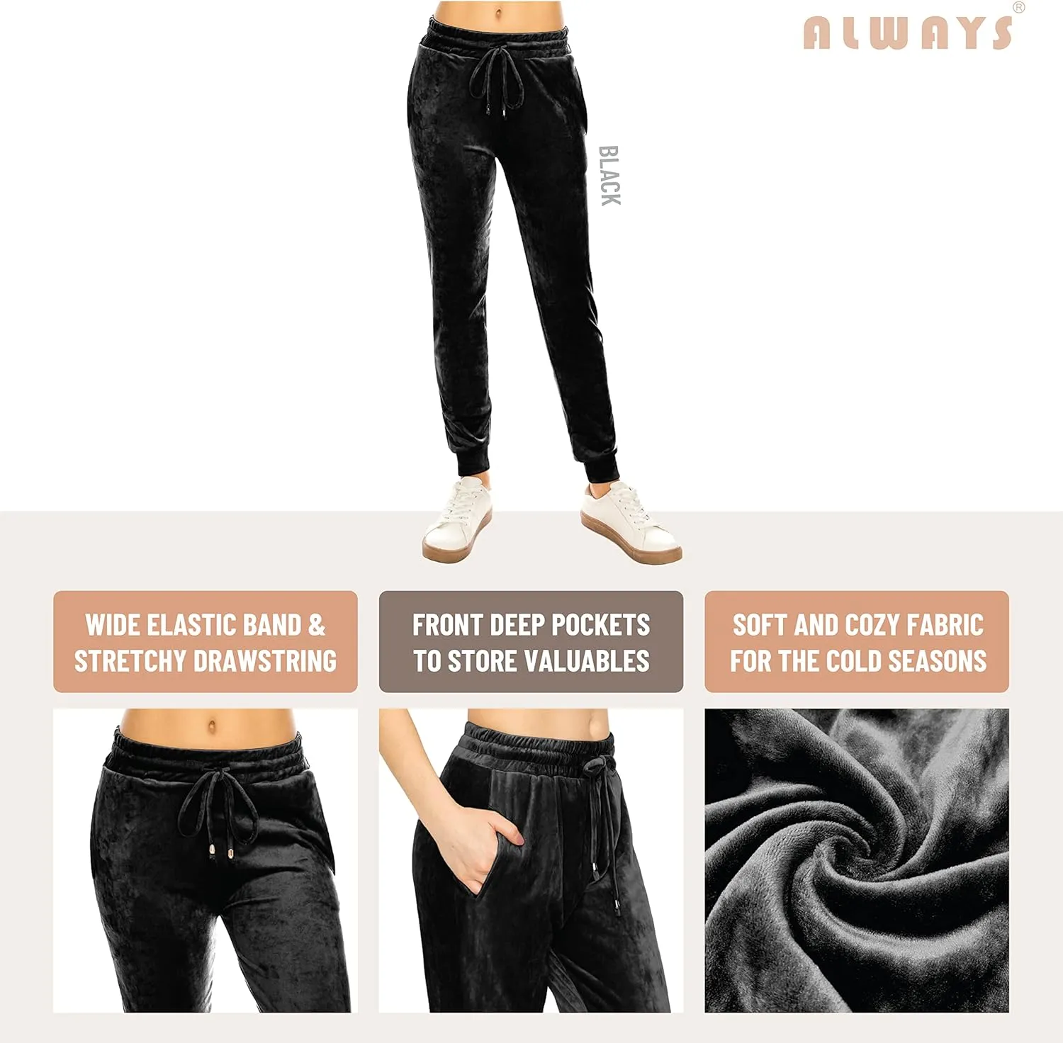 ALWAYS Women's Velvet Velour Joggers - Basic Premium Soft Stretch Warm Winter Sweatpants