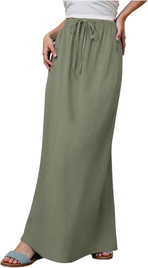 AMDBEL Maxi Skirts for Women Summer,Cotton Linen Long Skirts Boho Casual Flowy Skirts Drawstring Waist A Line Beach Skirts