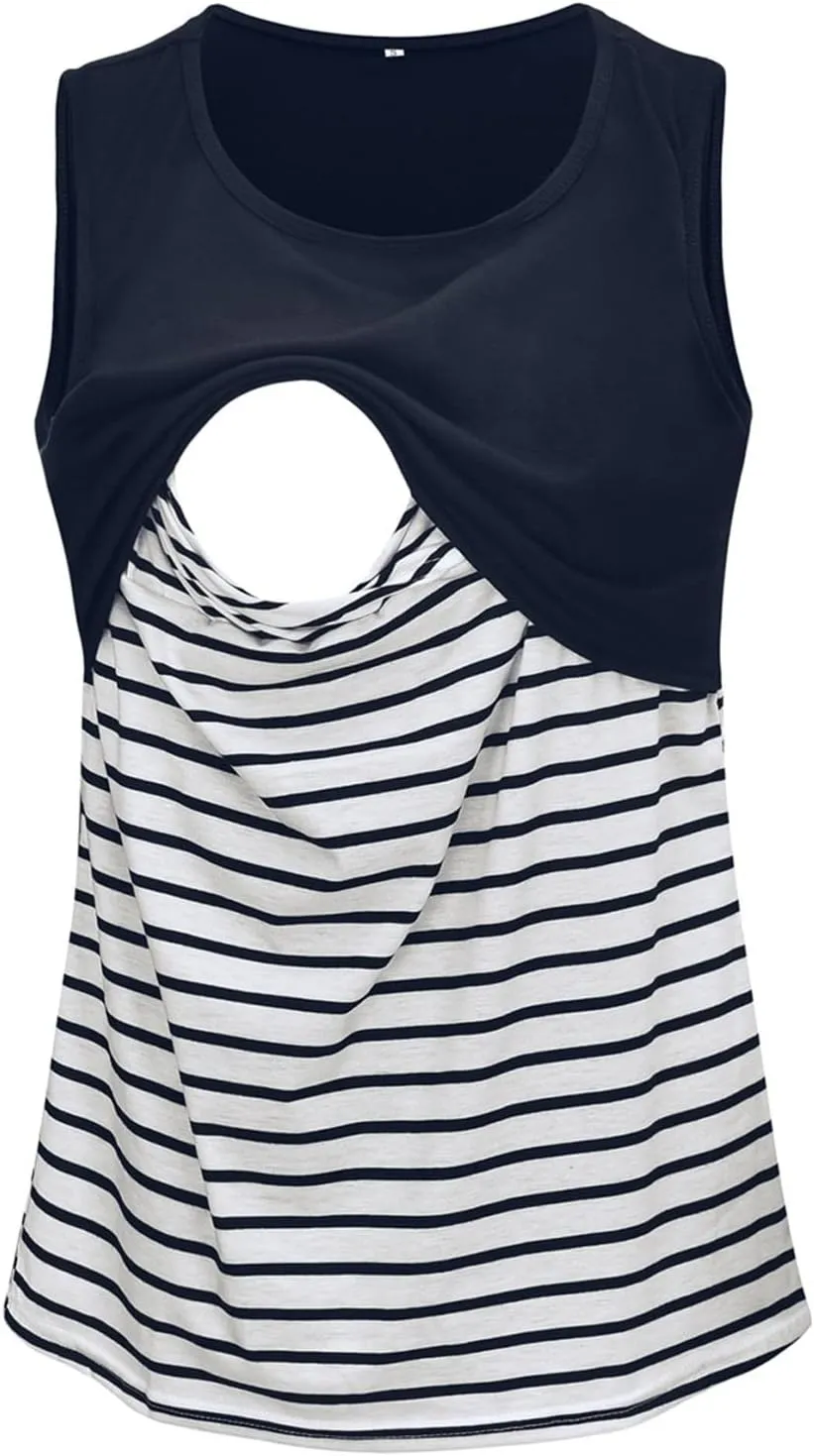 AnFeng Women Maternity Summer Sleeveless Vest Tops for Breastfeeding Pregnancy Striped Maternity Shirts Plus Size