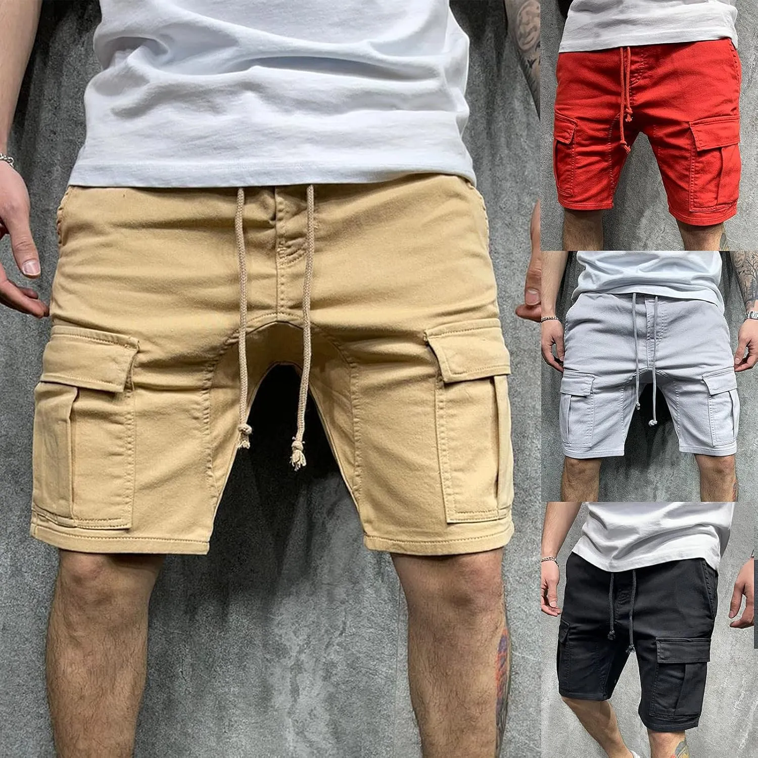 Cargo Shorts for Men 9" Outdoor Hiking Travel Shorts Drawstring Waist Camping Work Shorts with Multiple Pockets