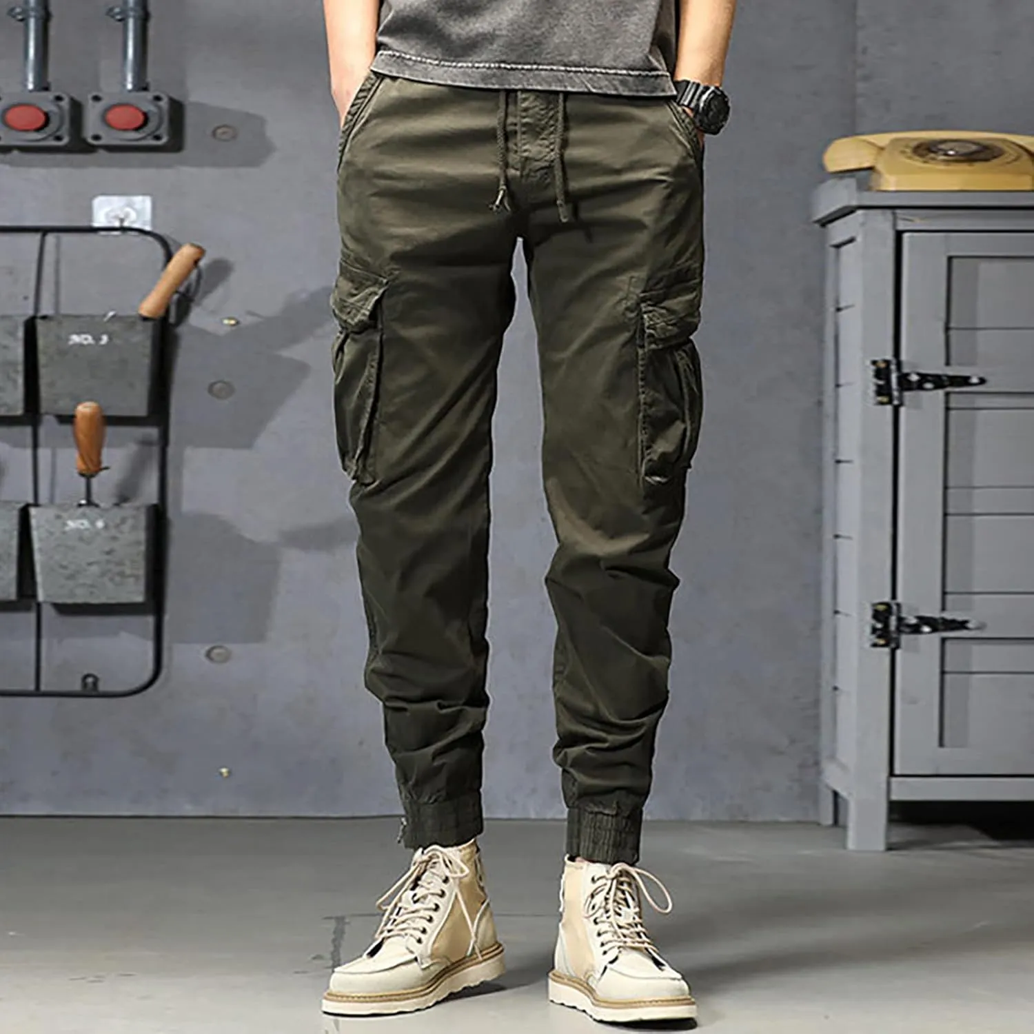 Cargo Sweatpants for Men Big and Tall Jogger Classic Fit Multi Pockets Autumn & Winter Pants for Men Drawstring Cargo