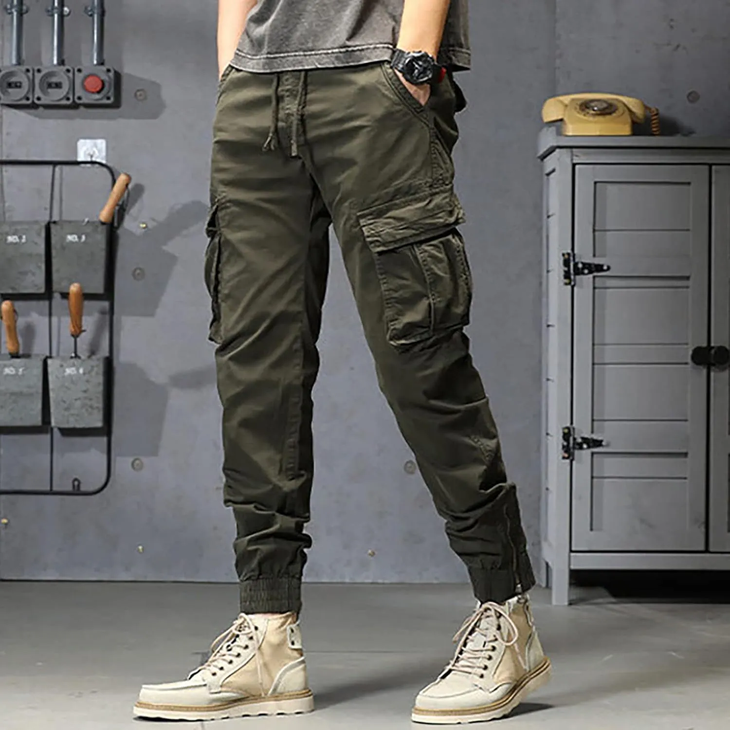 Cargo Sweatpants for Men Big and Tall Jogger Classic Fit Multi Pockets Autumn & Winter Pants for Men Drawstring Cargo