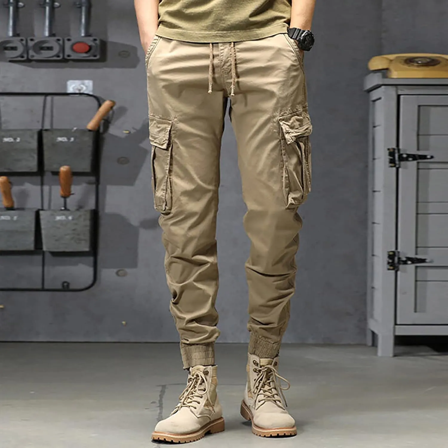 Cargo Sweatpants for Men Big and Tall Jogger Classic Fit Multi Pockets Autumn & Winter Pants for Men Drawstring Cargo