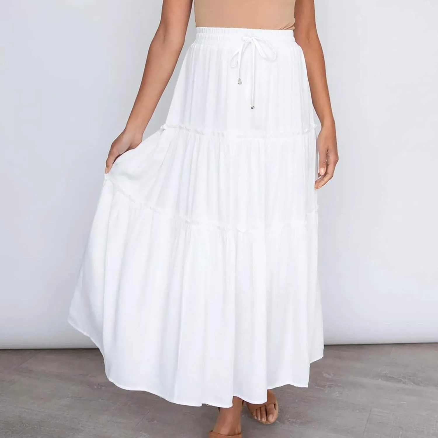 Casual Elastic Waist Summer Boho Skirts for Women Plus Size Stretchy Drawstring Maxi Skirt Layered Ruffle Dress