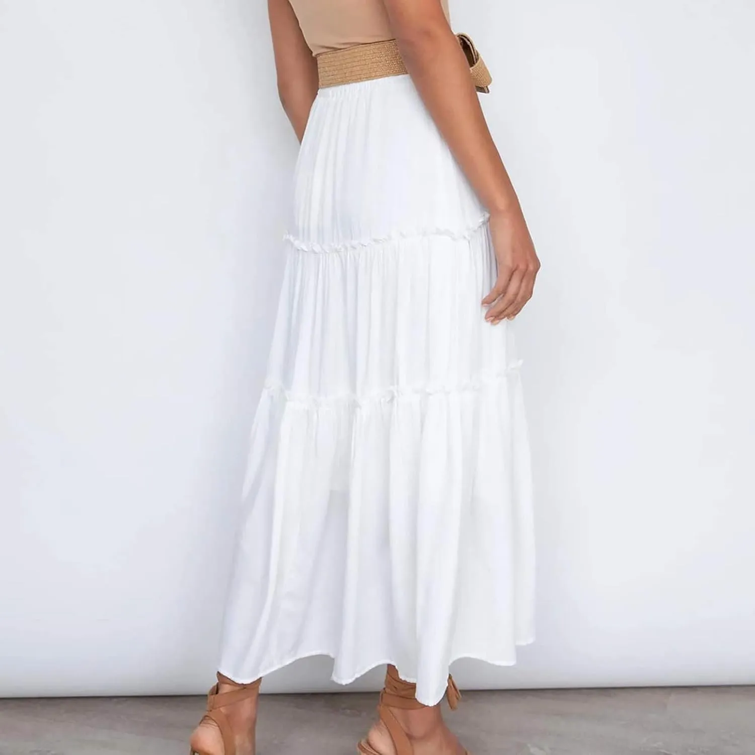 Casual Elastic Waist Summer Boho Skirts for Women Plus Size Stretchy Drawstring Maxi Skirt Layered Ruffle Dress