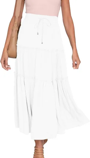 Casual Elastic Waist Summer Boho Skirts for Women Plus Size Stretchy Drawstring Maxi Skirt Layered Ruffle Dress