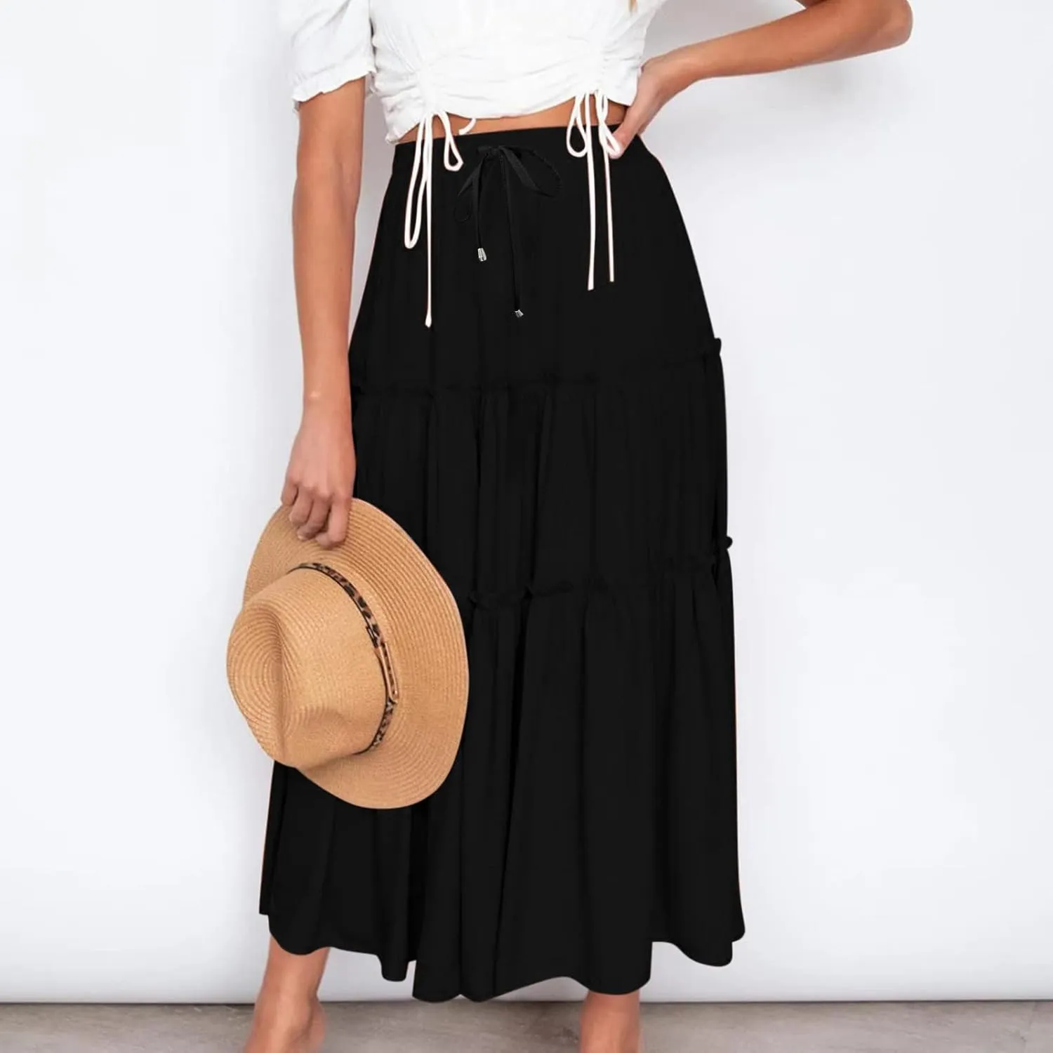 Casual Elastic Waist Summer Boho Skirts for Women Plus Size Stretchy Drawstring Maxi Skirt Layered Ruffle Dress