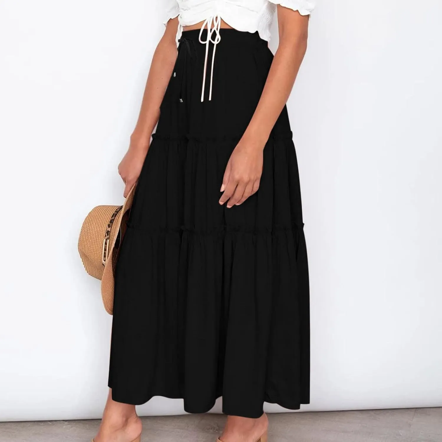 Casual Elastic Waist Summer Boho Skirts for Women Plus Size Stretchy Drawstring Maxi Skirt Layered Ruffle Dress