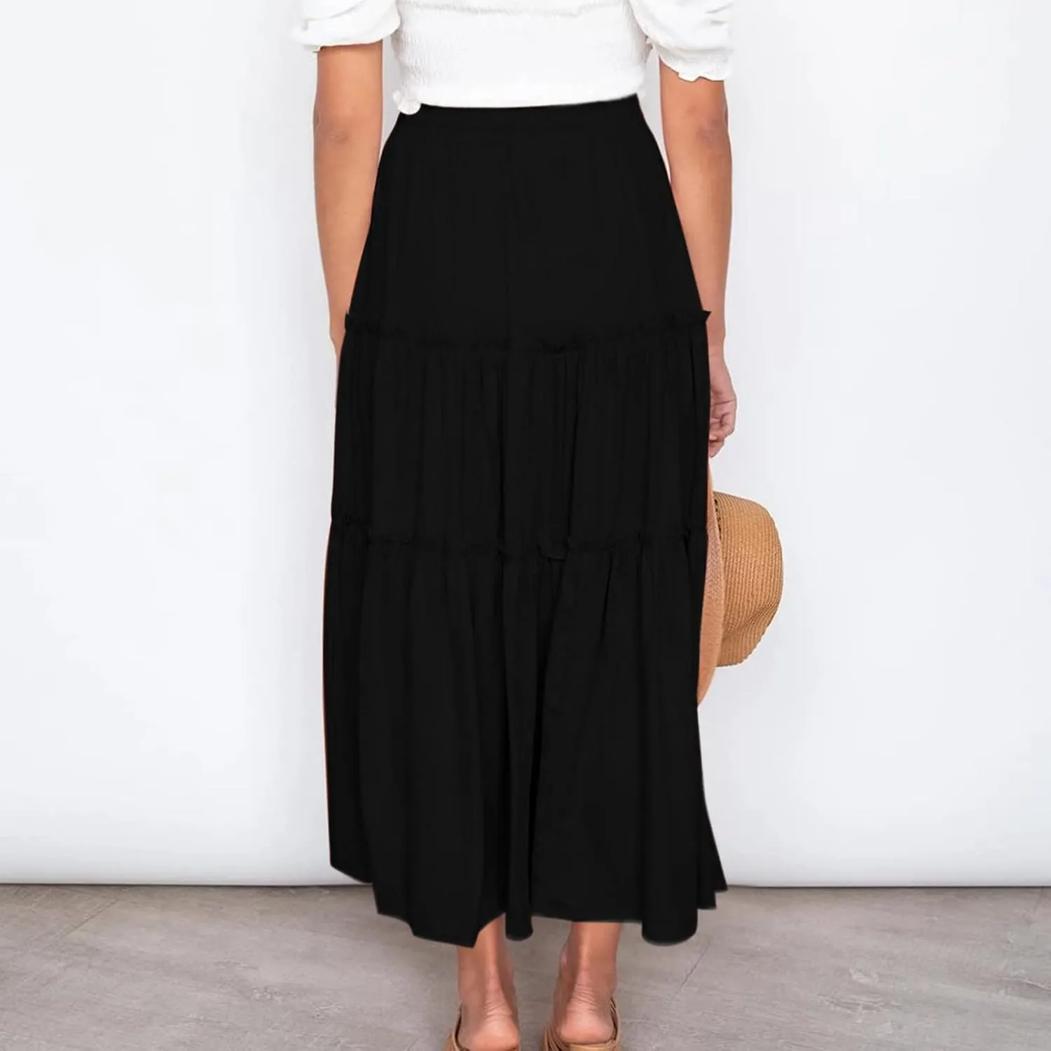Casual Elastic Waist Summer Boho Skirts for Women Plus Size Stretchy Drawstring Maxi Skirt Layered Ruffle Dress