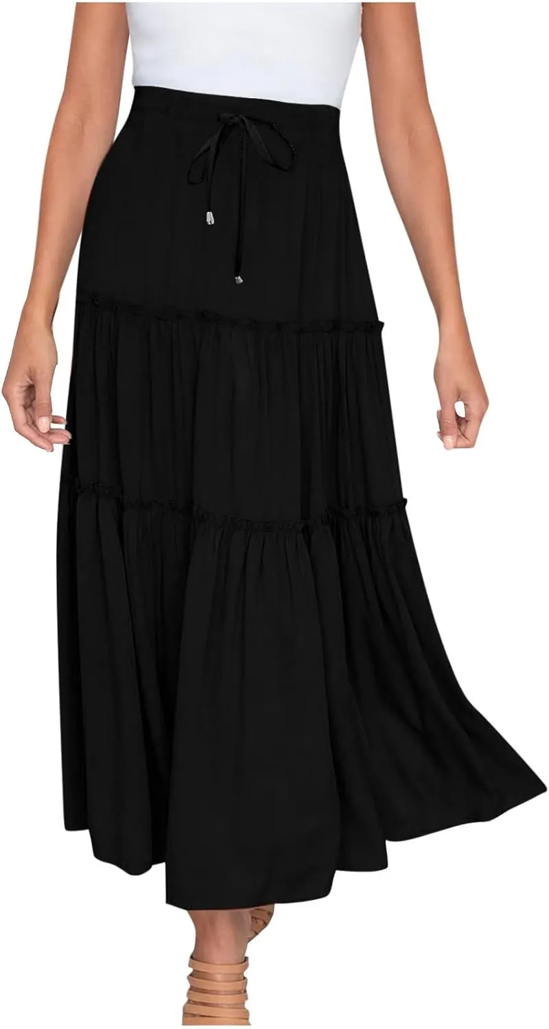 Casual Elastic Waist Summer Boho Skirts for Women Plus Size Stretchy Drawstring Maxi Skirt Layered Ruffle Dress