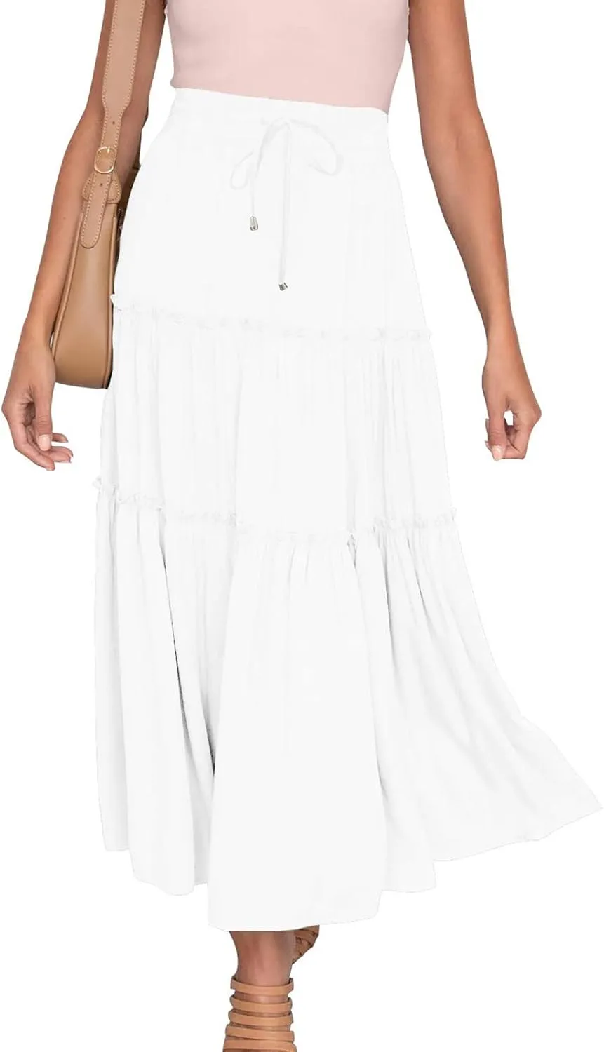 Casual Elastic Waist Summer Boho Skirts for Women Plus Size Stretchy Drawstring Maxi Skirt Layered Ruffle Dress