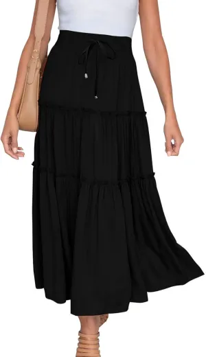 Casual Elastic Waist Summer Boho Skirts for Women Plus Size Stretchy Drawstring Maxi Skirt Layered Ruffle Dress
