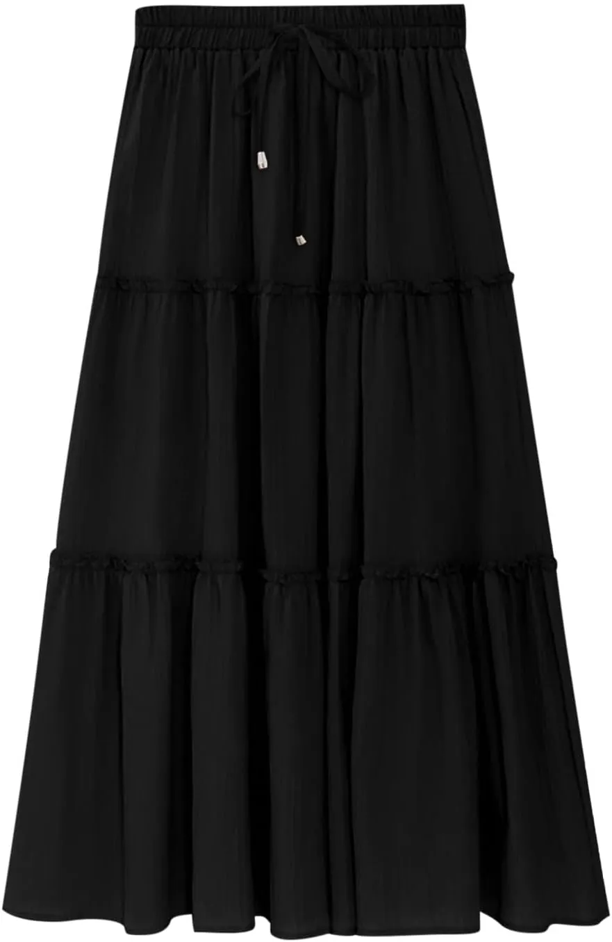 Casual Elastic Waist Summer Boho Skirts for Women Plus Size Stretchy Drawstring Maxi Skirt Layered Ruffle Dress