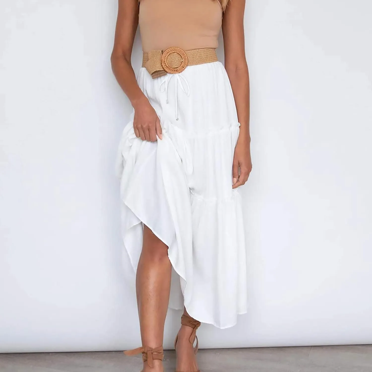 Casual Elastic Waist Summer Boho Skirts for Women Plus Size Stretchy Drawstring Maxi Skirt Layered Ruffle Dress