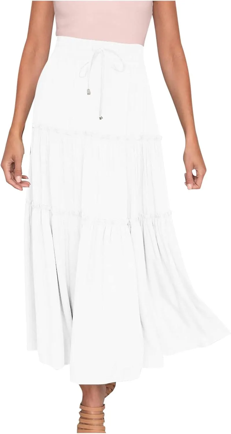 Casual Elastic Waist Summer Boho Skirts for Women Plus Size Stretchy Drawstring Maxi Skirt Layered Ruffle Dress