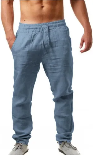 Casual Linen Pants for Men Baggy Drawstring Elastic Waist Classic Fit Trousers Work Sweatpants Multi Pockets Chino Pant Men Mens Sweatpants