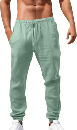Casual Linen Pants for Men Baggy Drawstring Elastic Waist Classic Fit Trousers Work Sweatpants Multi Pockets Chino Pant Mens Military Pants