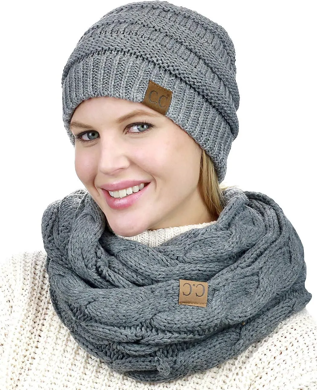 C.C Unisex Soft Stretch Chunky Cable Knit Beanie and Infinity Loop Scarf Set