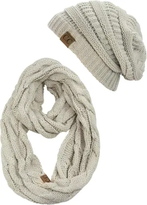 C.C Unisex Soft Stretch Chunky Cable Knit Beanie and Infinity Loop Scarf Set