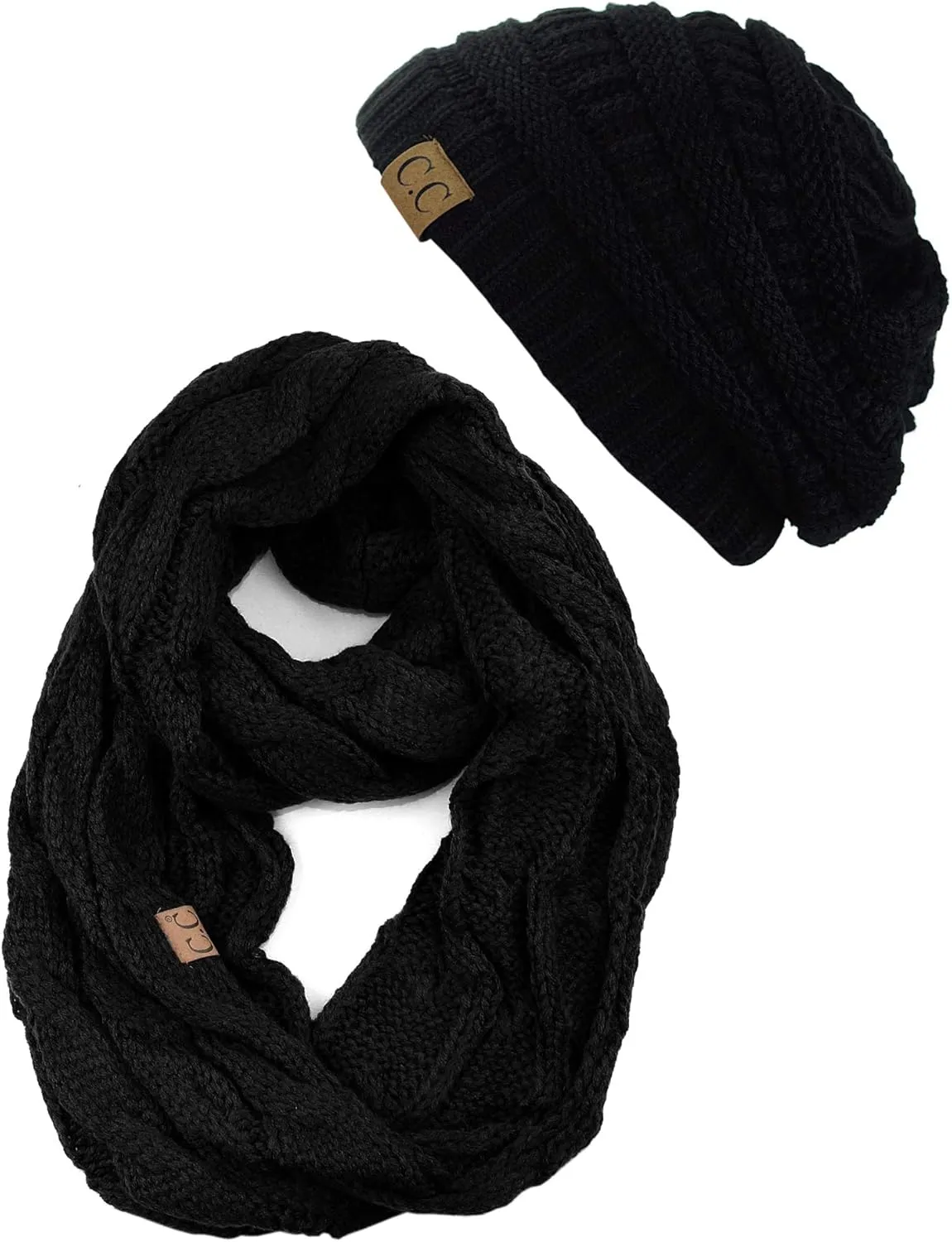 C.C Unisex Soft Stretch Chunky Cable Knit Beanie and Infinity Loop Scarf Set