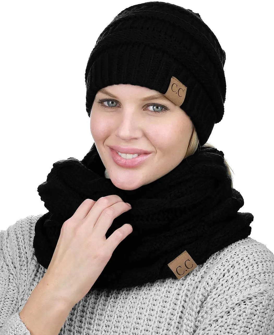 C.C Unisex Soft Stretch Chunky Cable Knit Beanie and Infinity Loop Scarf Set