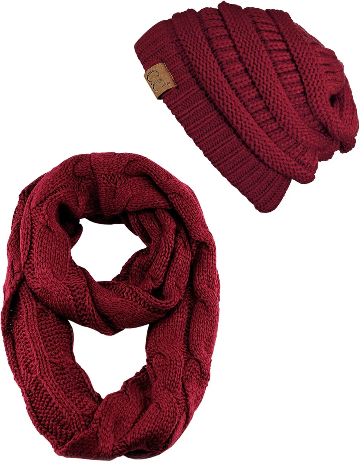 C.C Unisex Soft Stretch Chunky Cable Knit Beanie and Infinity Loop Scarf Set