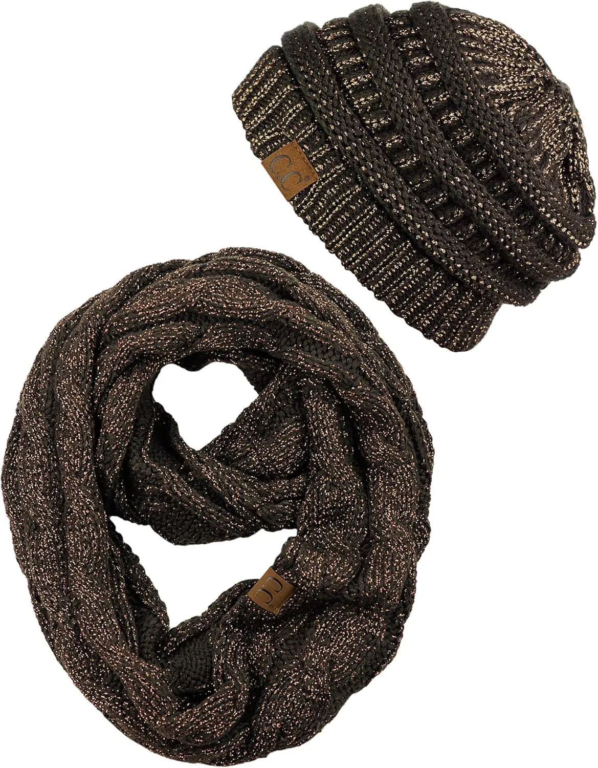 C.C Unisex Soft Stretch Chunky Cable Knit Beanie and Infinity Loop Scarf Set