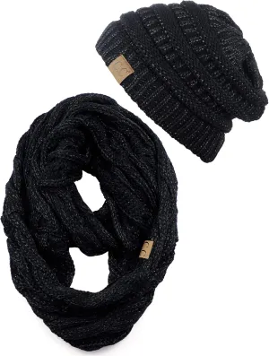 C.C Unisex Soft Stretch Chunky Cable Knit Beanie and Infinity Loop Scarf Set