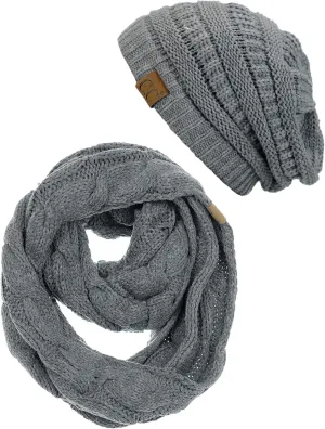C.C Unisex Soft Stretch Chunky Cable Knit Beanie and Infinity Loop Scarf Set