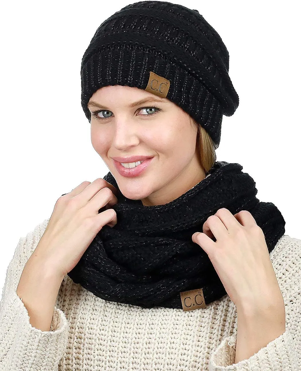 C.C Unisex Soft Stretch Chunky Cable Knit Beanie and Infinity Loop Scarf Set