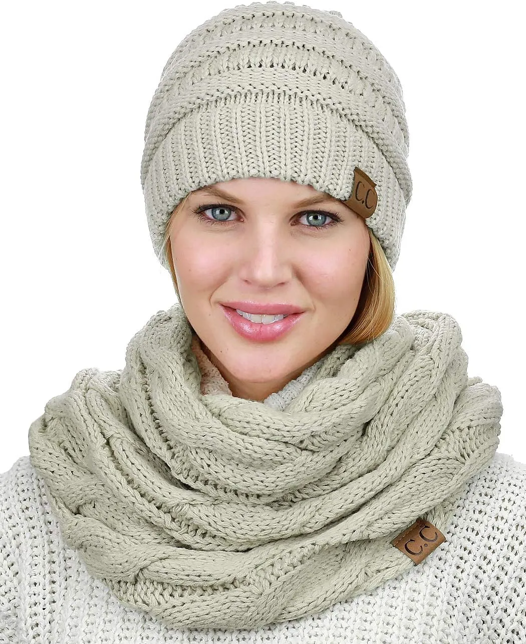 C.C Unisex Soft Stretch Chunky Cable Knit Beanie and Infinity Loop Scarf Set