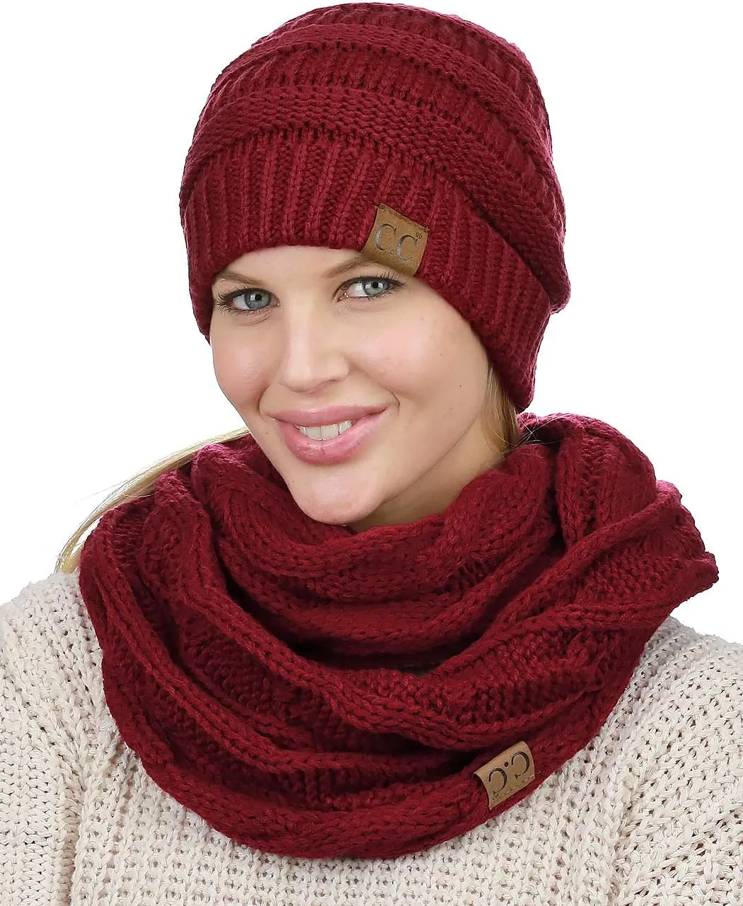 C.C Unisex Soft Stretch Chunky Cable Knit Beanie and Infinity Loop Scarf Set