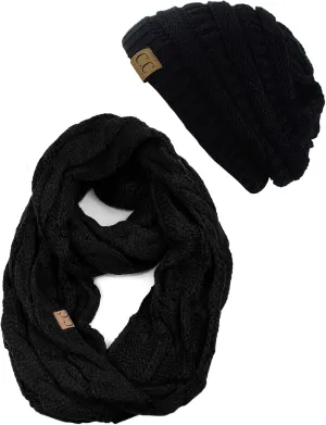 C.C Unisex Soft Stretch Chunky Cable Knit Beanie and Infinity Loop Scarf Set