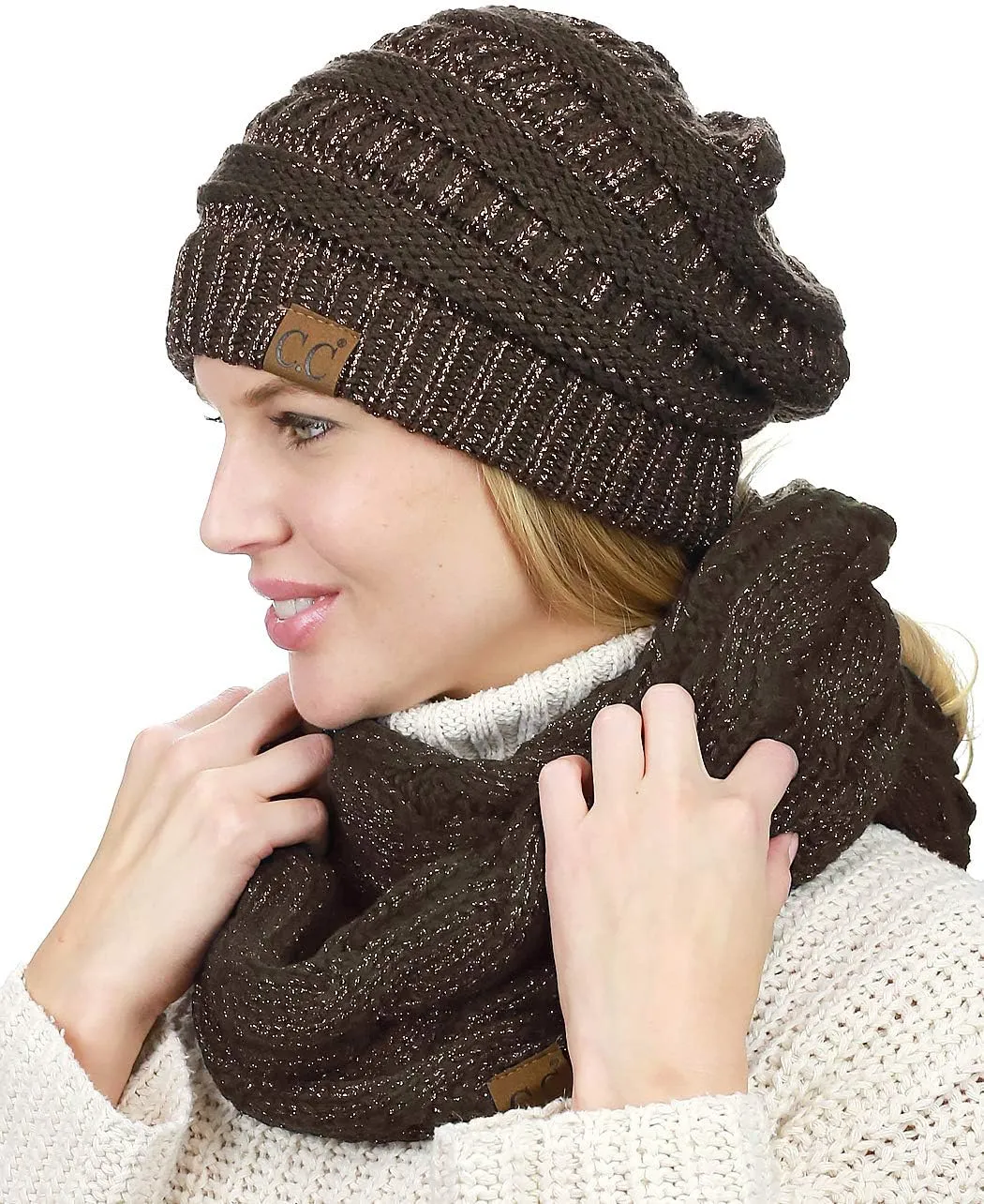 C.C Unisex Soft Stretch Chunky Cable Knit Beanie and Infinity Loop Scarf Set