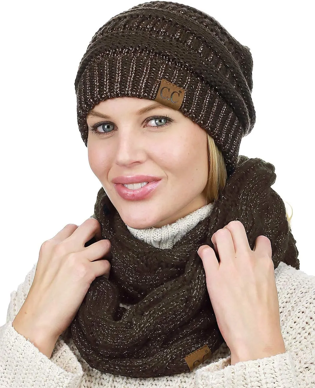 C.C Unisex Soft Stretch Chunky Cable Knit Beanie and Infinity Loop Scarf Set