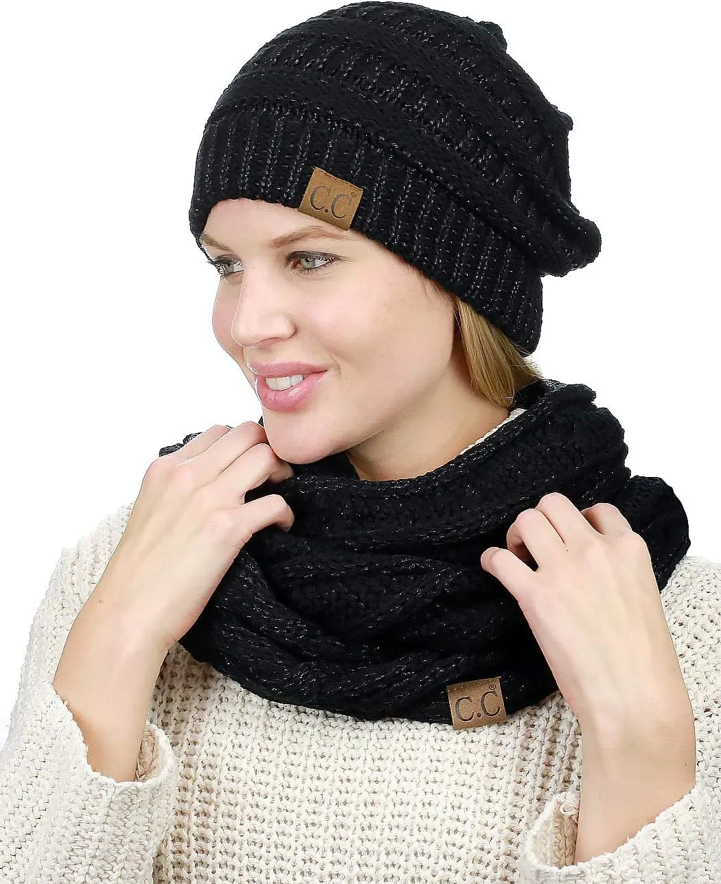 C.C Unisex Soft Stretch Chunky Cable Knit Beanie and Infinity Loop Scarf Set