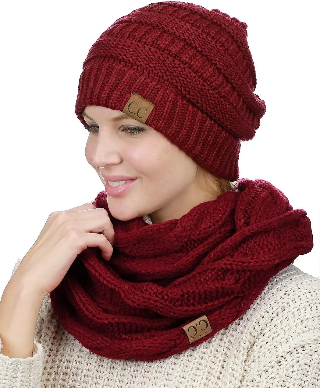 C.C Unisex Soft Stretch Chunky Cable Knit Beanie and Infinity Loop Scarf Set
