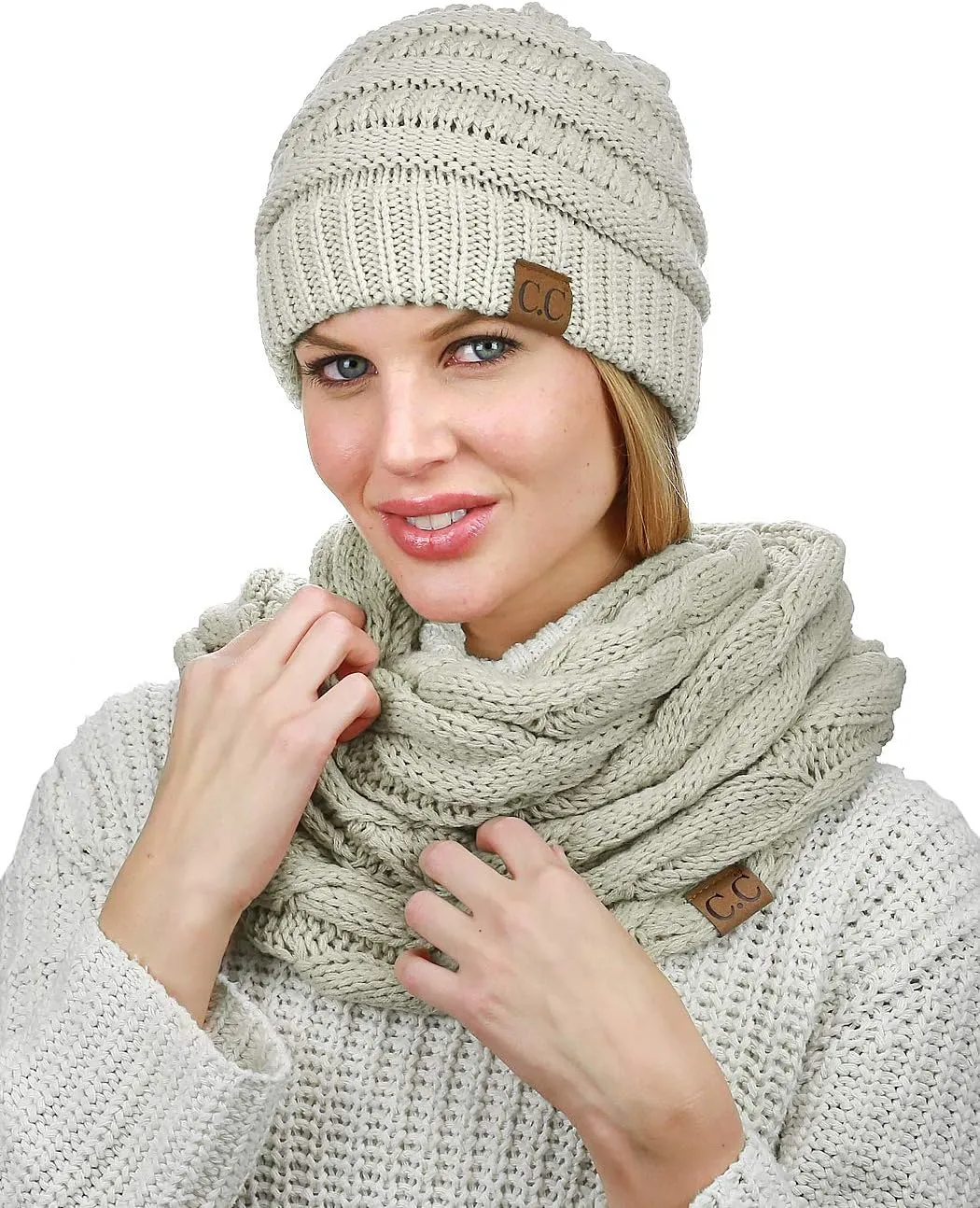 C.C Unisex Soft Stretch Chunky Cable Knit Beanie and Infinity Loop Scarf Set