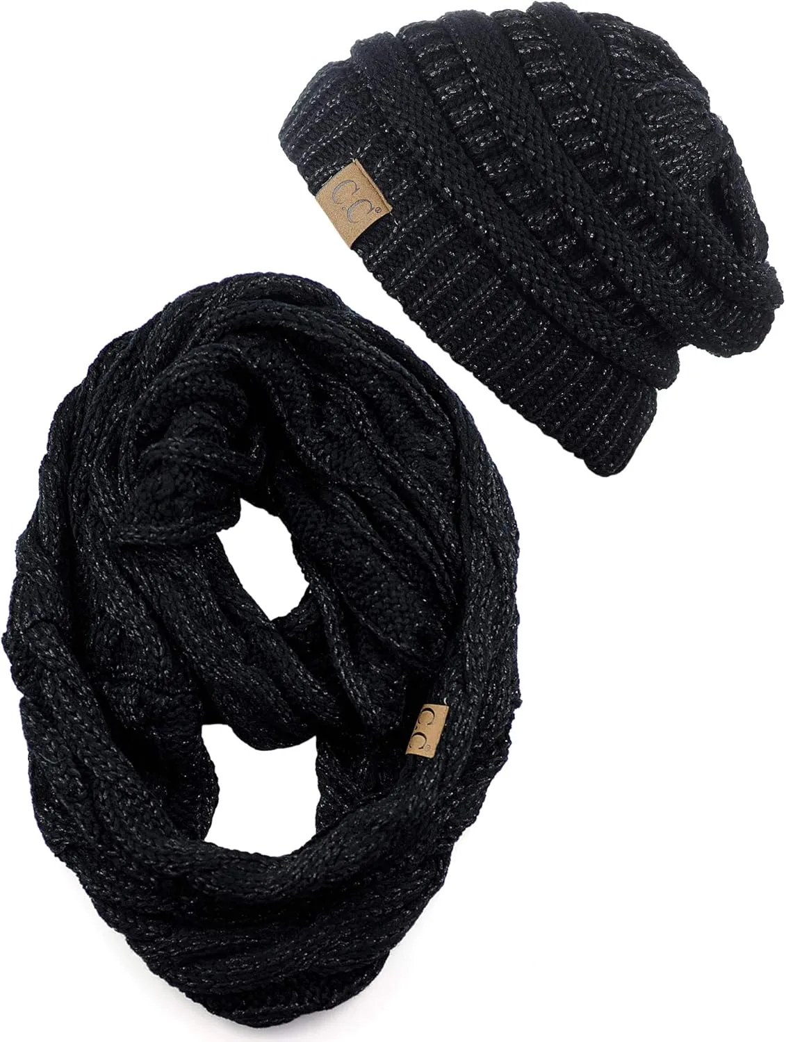 C.C Unisex Soft Stretch Chunky Cable Knit Beanie and Infinity Loop Scarf Set