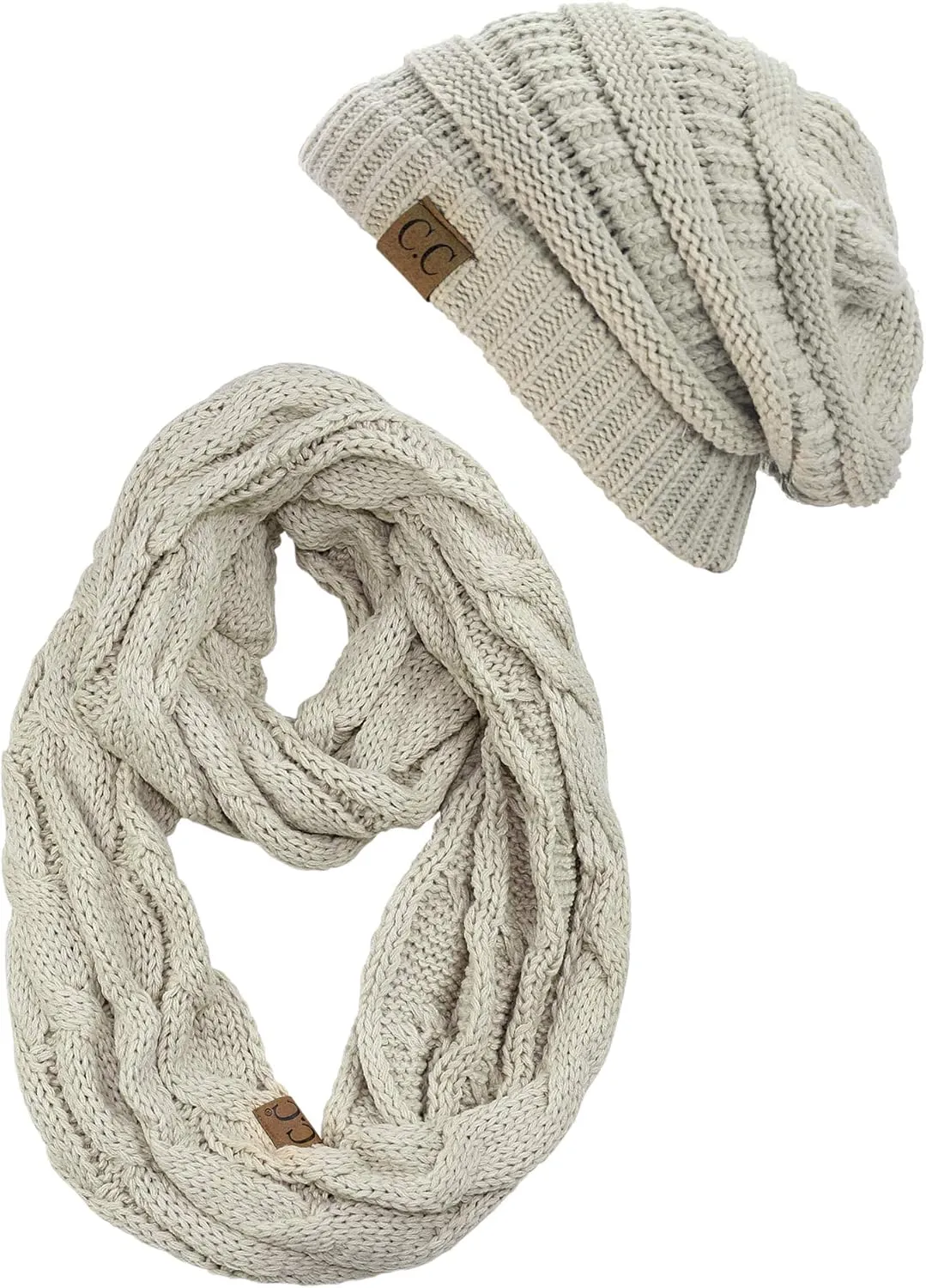 C.C Unisex Soft Stretch Chunky Cable Knit Beanie and Infinity Loop Scarf Set